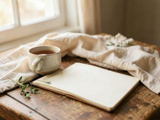 A cup of tea, an open journal, soft linen and a sprig of greenery in warm daylight