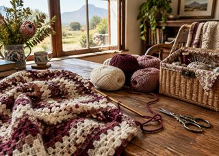 Crochet and yarn on a sunlit worktable