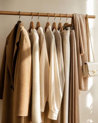 A neutral capsule wardrobe on a wooden rail